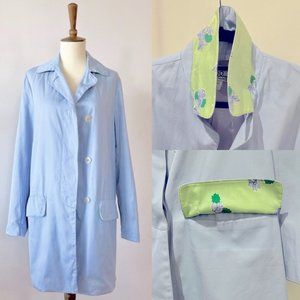 Vintage Lilly Pulitzer Light Blue Lined Trench Coat with Green Floral Accents